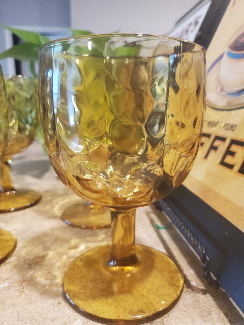 Vitg Bartlett Collins Amber / Yellow Coin Dot Footed Goblets Thumbprint Lot of 4